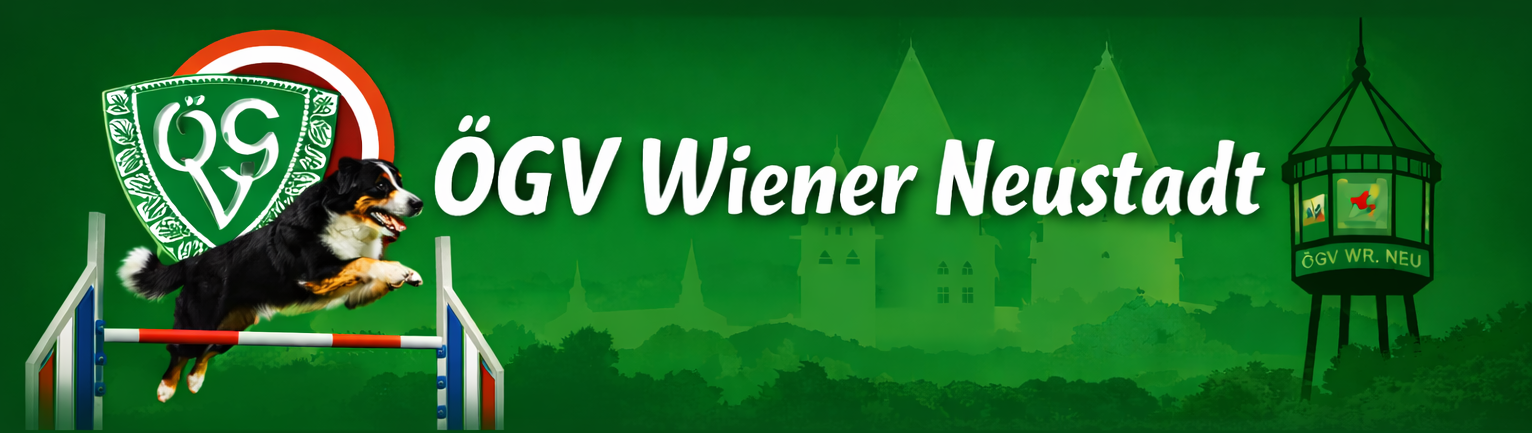banner des ÖGV Wiener Neustadt - ein Hund hüpft über eine Hürde im Hintergrund das Logo des ÖGV